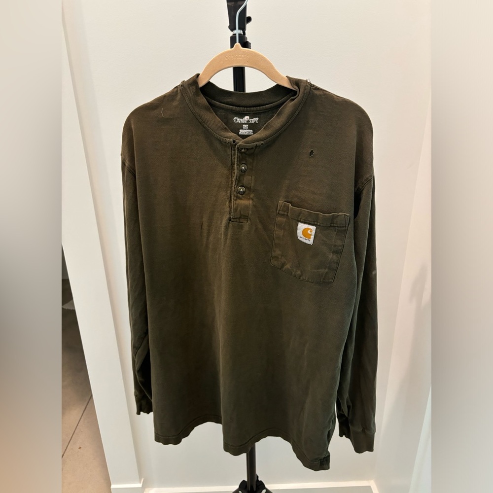 Vintage Green Carhartt Long Sleeve Button Up Pocketed Tee Shirt, Medium